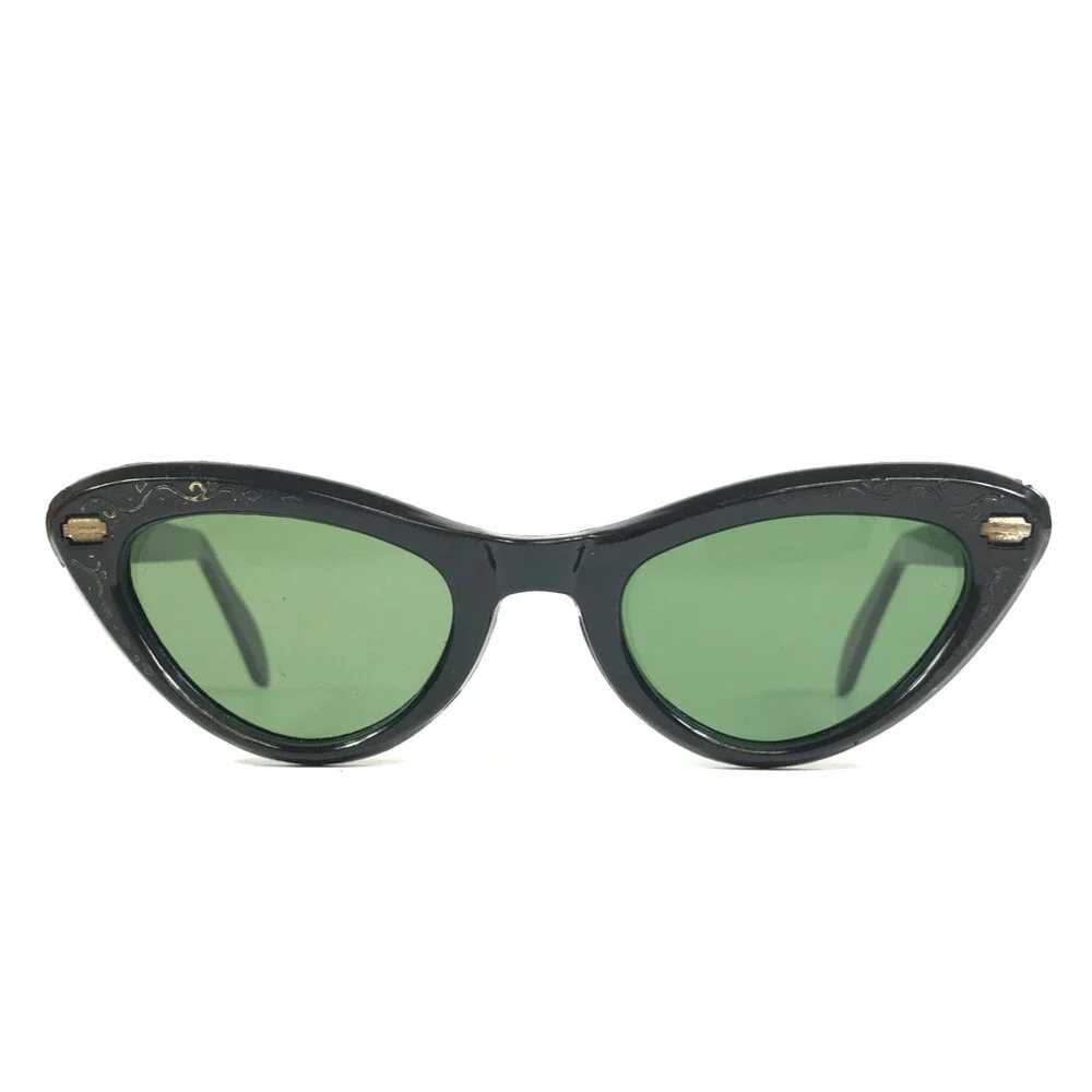 Vintage Sunglasses Shiny Black Floral Frames with Green Glass Lenses 48-24-125